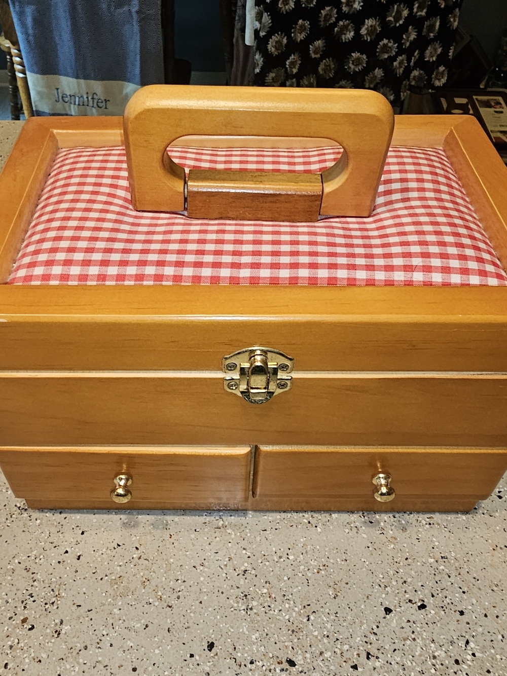 Wooden Jewelry Organizer Or Sewing Basket With Red Gingham Cushion